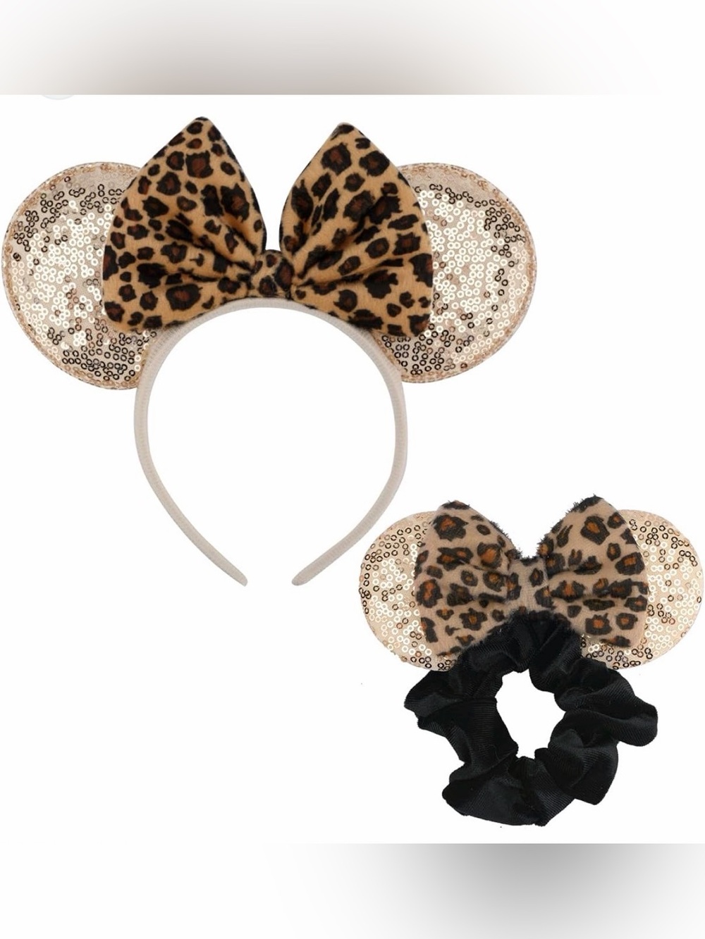 Leopard Print Sequin Minnie Mouse Ears Headband & Scrunchie Set Girl Accessories